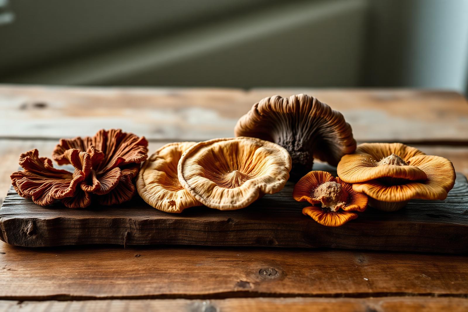 Fresh reishi and chaga mushrooms on a wooden board
