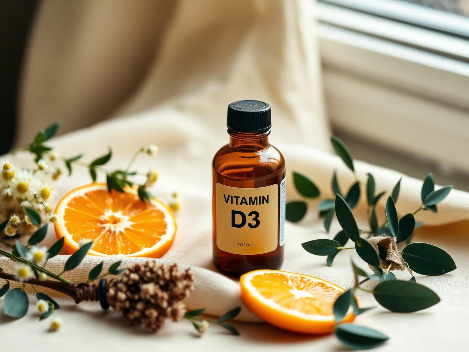 Amber supplement bottle with botanicals on cream linen